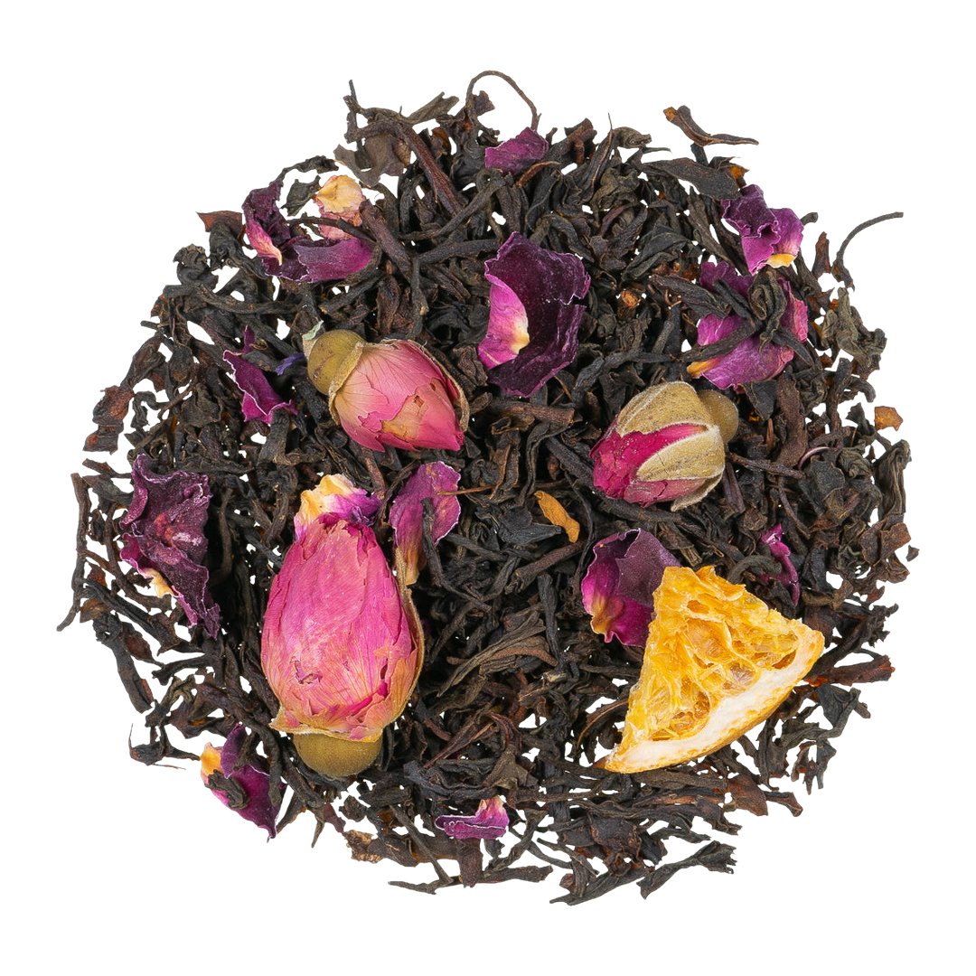 Earl Grey Creme aus Ceylon-Schwarztee mit Bergamotte-Sahne-Note, Limonenstücken und feinen Rosenblüten.