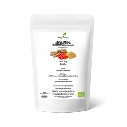 Bio Ashwagandha Wurzelpulver aus Indien, fein vermahlenes Pflanzenpulver ohne Zusätze.