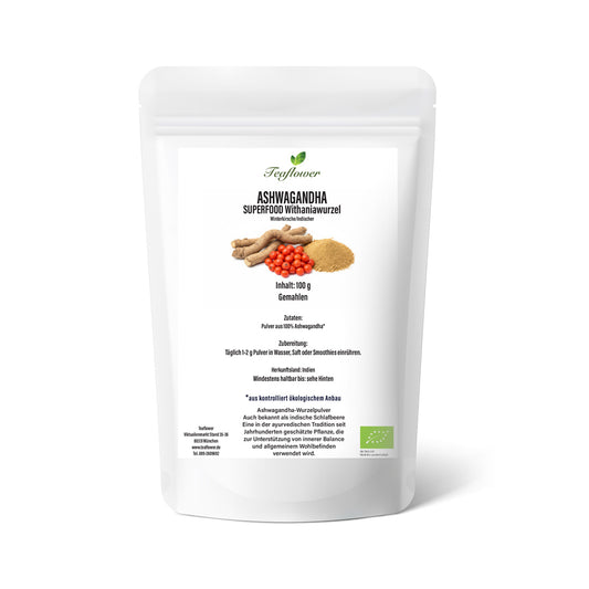 Bio Ashwagandha Wurzelpulver aus Indien, fein vermahlenes Pflanzenpulver ohne Zusätze.