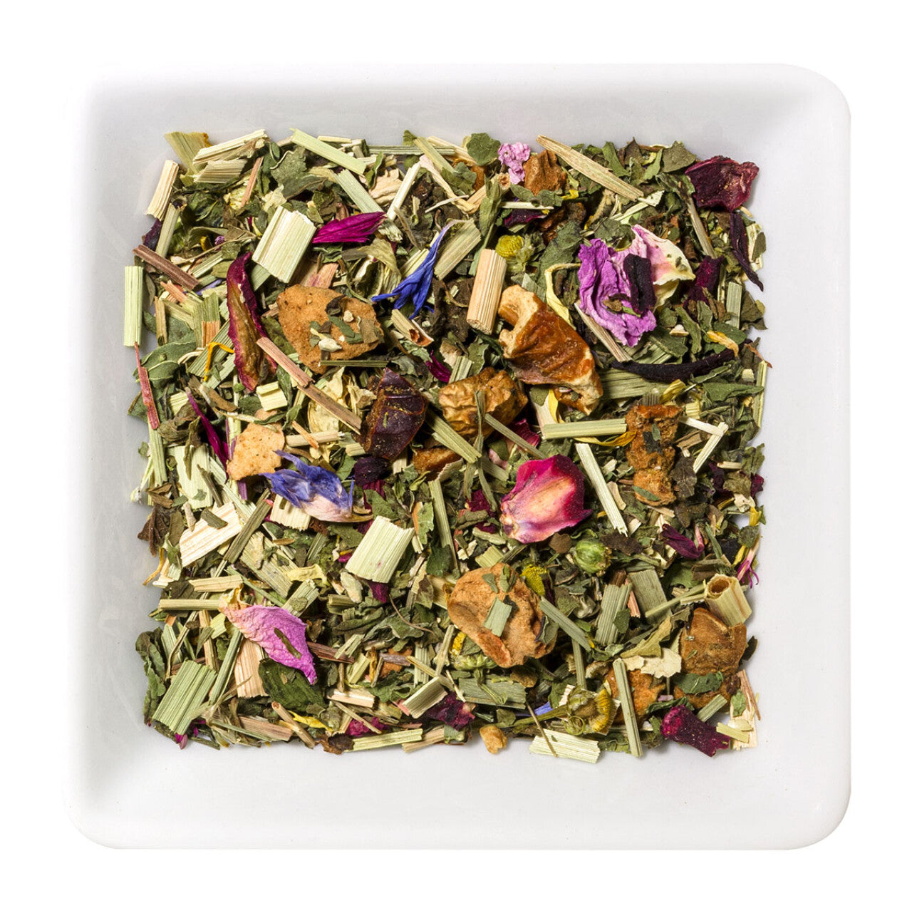 bio kräuter- und früchtetee mit hibiskus, apfel, minze und bunten blüten als lose mischung