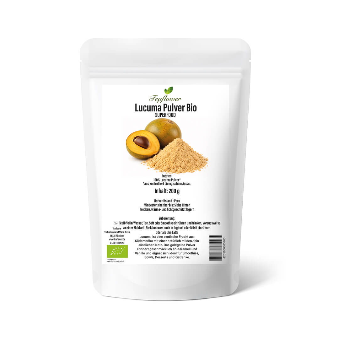 Goldgelbes BIO Lucuma Pulver aus Peru, fein gemahlen mit mildem Karamell-Vanille-Aroma.