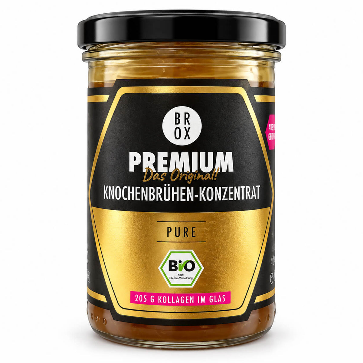 BROX BIO Rinderknochenbrühe PURE im 465-g-Glas mit 70 Prozent Bio-Rinderknochen und natürlichem Kollagen.