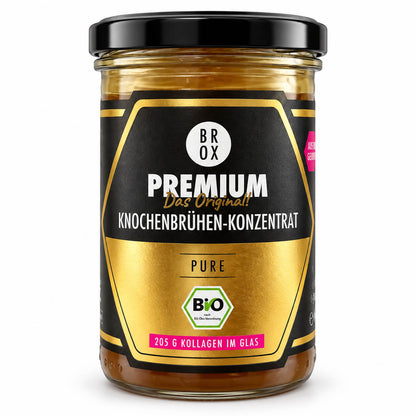 BROX BIO Rinderknochenbrühe PURE im 465-g-Glas mit 70 Prozent Bio-Rinderknochen und natürlichem Kollagen.