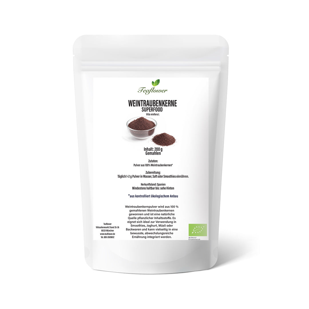 Bio Weintraubenkernpulver aus fein vermahlenen Weintraubenkernen mit natürlichem OPC-Gehalt, naturbelassen und vegan.