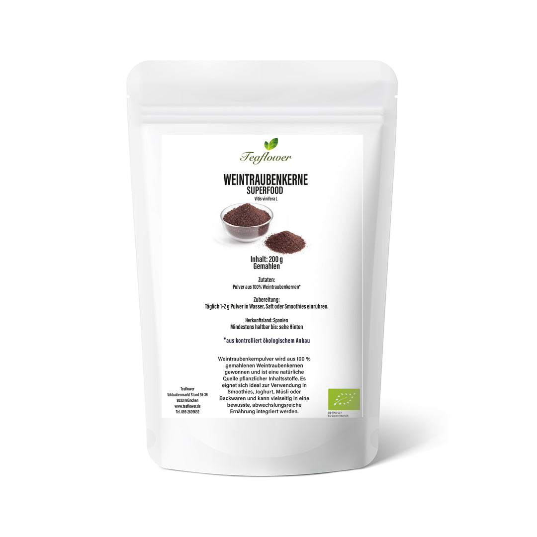 Bio Weintraubenkernpulver aus fein vermahlenen Weintraubenkernen mit natürlichem OPC-Gehalt, naturbelassen und vegan.