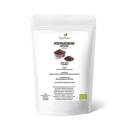 Bio Weintraubenkernpulver aus fein vermahlenen Weintraubenkernen mit natürlichem OPC-Gehalt, naturbelassen und vegan.
