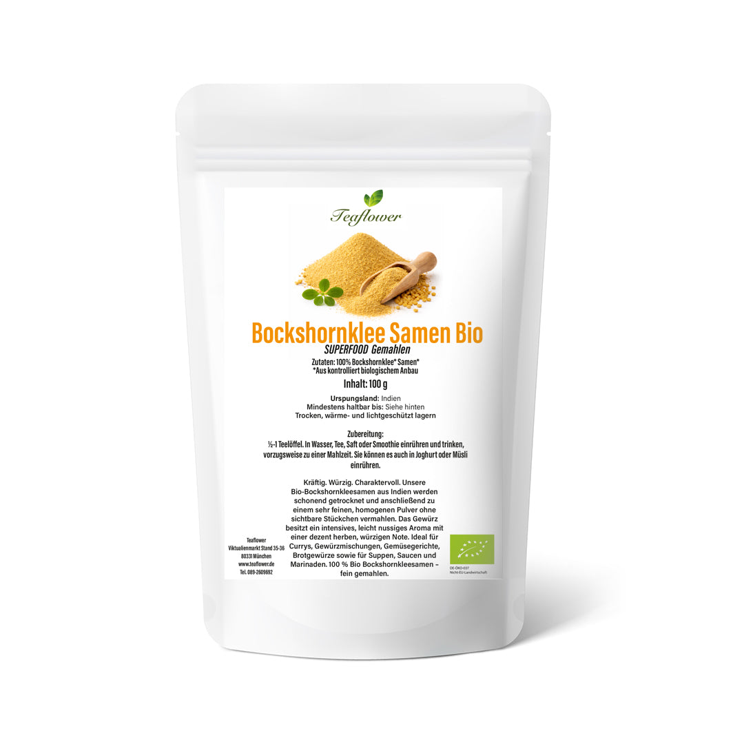 Bio Bockshornklee Pulver aus gemahlenen Bockshornkleesamen fuer Currys Gewuerzmischungen und aromatische Gerichte