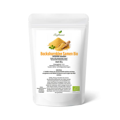 Bio Bockshornklee Pulver aus gemahlenen Bockshornkleesamen fuer Currys Gewuerzmischungen und aromatische Gerichte
