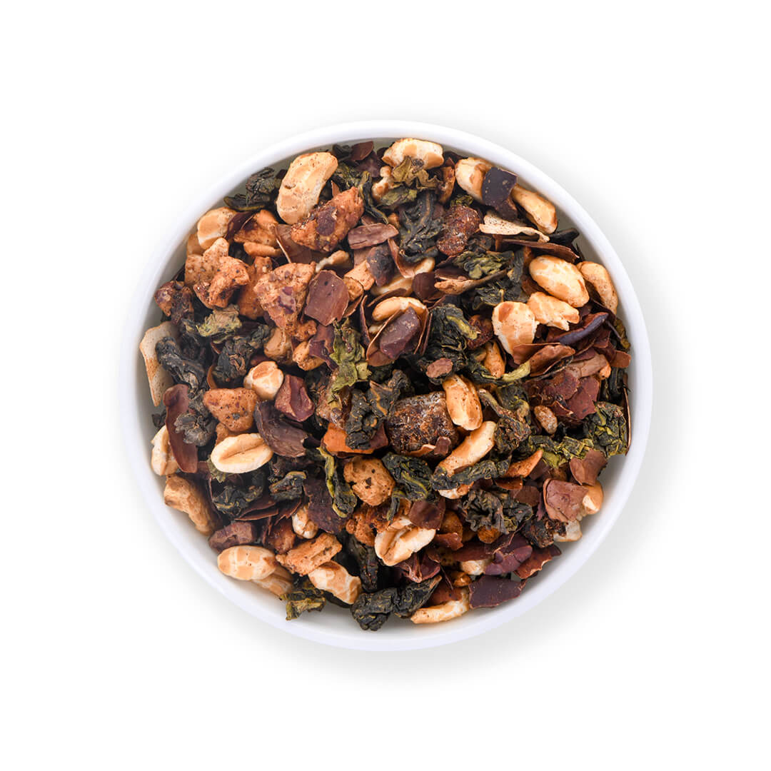 Choc Oat Latte mit Oolong Tee, Kakao, gepufftem Hafer und Kokos für einen schokoladig-nussigen Geschmack.