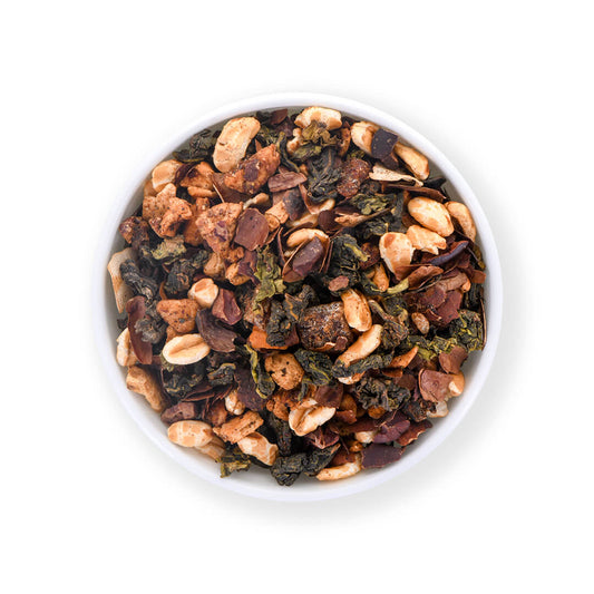 Choc Oat Latte mit Oolong Tee, Kakao, gepufftem Hafer und Kokos für einen schokoladig-nussigen Geschmack.