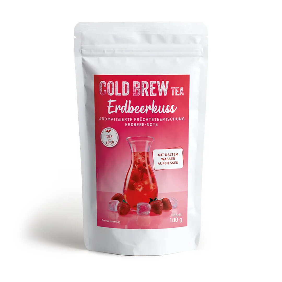Cold Brew Erdbeerkuss mit fruchtigem Erdbeergeschmack für einen leichten und erfrischenden Kaltaufguss.