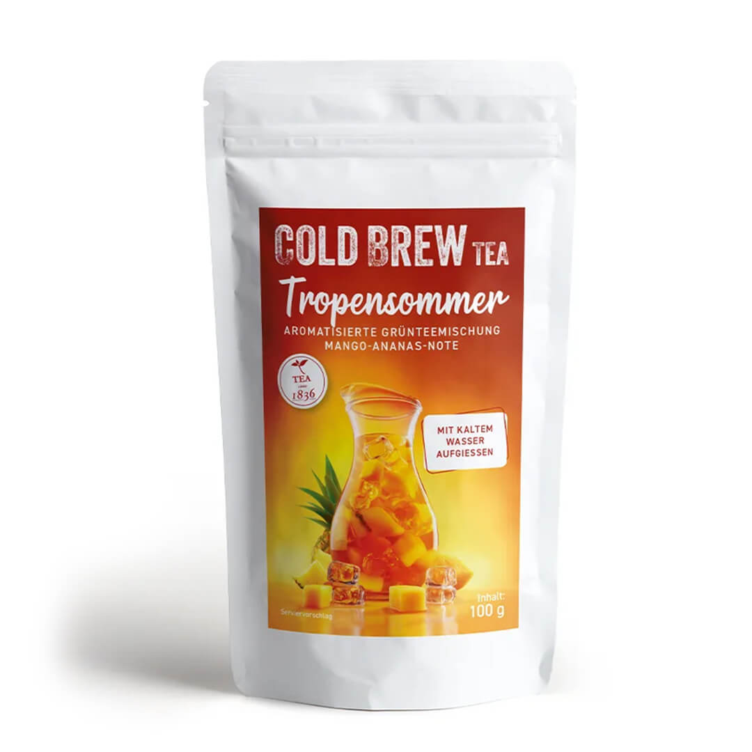 Cold Brew Tropensommer mit grünem Tee, Mango und Ananas für einen tropisch-fruchtigen Kaltaufguss.