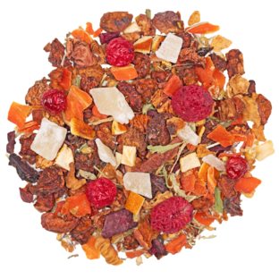 früchtetee aloe natur mit orangenschalen, roten johannisbeeren und aloe vera in heller roter tasse