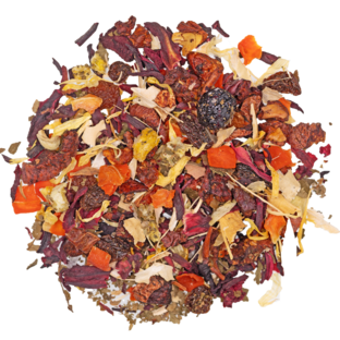 Früchtetee Berry Wonderland mit Beeren, Hibiskus und Heidelbeeren in leuchtend roter Tasse