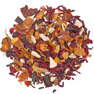 bio früchtetee vanilla rouge mit hibiskusblüten, vanillestücken und tiefroter tassenfarbe