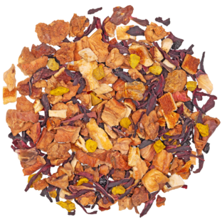 Früchtetee grapefruit kurkuma mit hibiskus, grapefruitscheiben und kurkuma in intensiver farbe