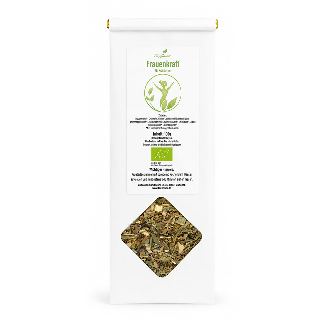 Kräutertee mit Frauenmantel, Melisse, Lavendel und Rosenblüten in harmonischer Mischung.