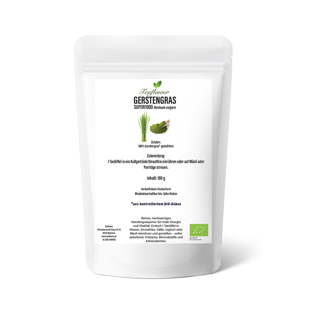 Bio Gerstengras Pulver aus deutschem Anbau, fein vermahlenes grünes Pflanzenpulver ohne Zusätze