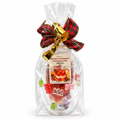 Geschenktasse mit 125 g Glühwein Bratapfel Tee-Bären®, winterliches Tee-Geschenk mit Fruchtgummi zum Naschen und Trinken.