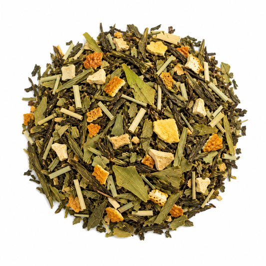 Kräutertee mit Grüntee, Ginkgoblättern, Ingwer und frischen Zitrusnoten, hergestellt in Deutschland.