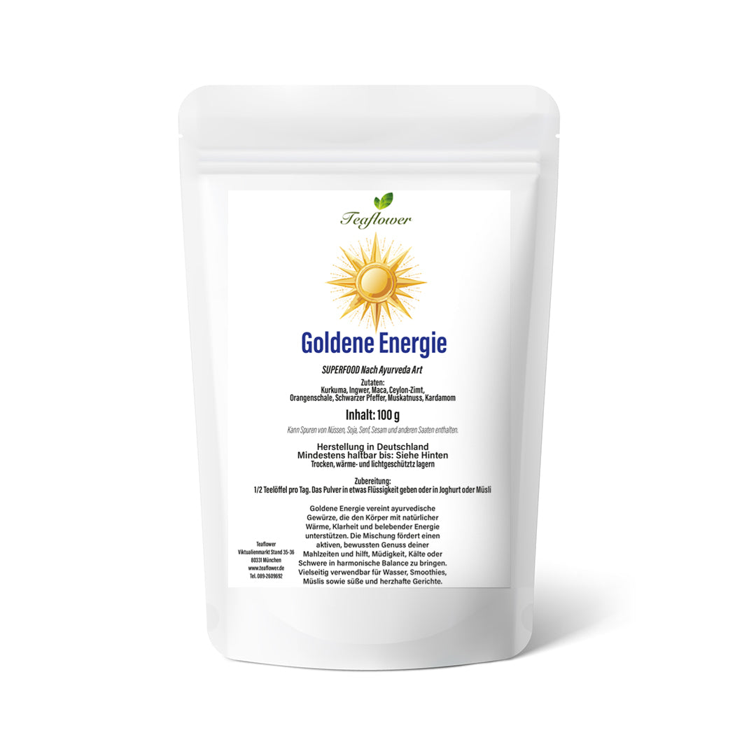 Gewürzmischung Goldene Energie mit Kurkuma, Ingwer, Maca, Zimt und Kardamom, fein vermahlen und ausgewogen