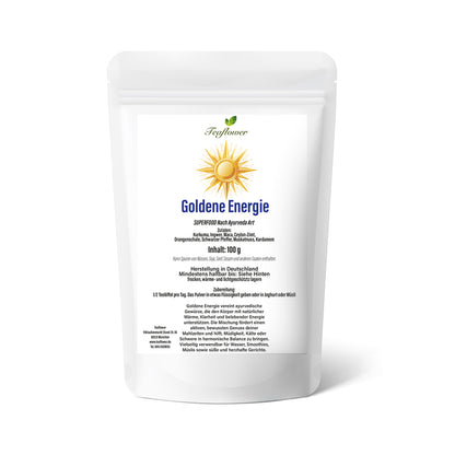 Gewürzmischung Goldene Energie mit Kurkuma, Ingwer, Maca, Zimt und Kardamom, fein vermahlen und ausgewogen