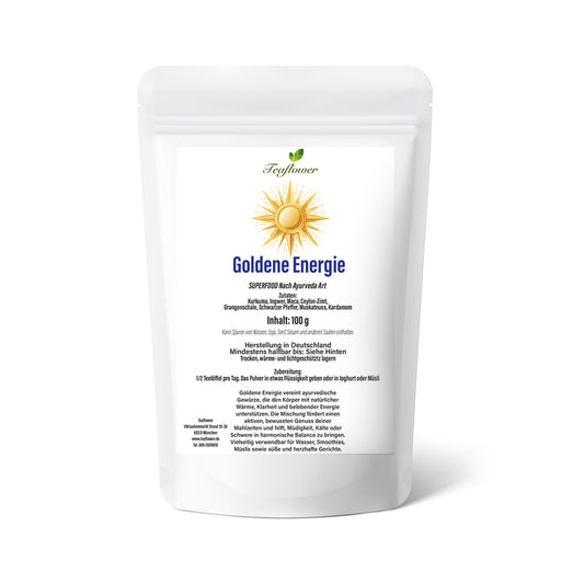 Gewürzmischung Goldene Energie mit Kurkuma, Ingwer, Maca, Zimt und Kardamom, fein vermahlen und ausgewogen