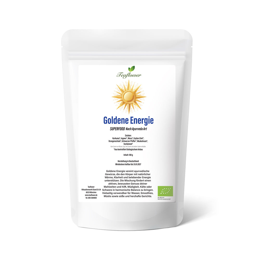 Bio Gewürzmischung Goldene Energie mit Kurkuma, Ingwer, Maca, Zimt und Kardamom, fein vermahlen und ausgewogen
