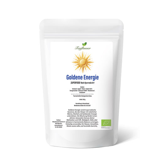 Bio Gewürzmischung Goldene Energie mit Kurkuma, Ingwer, Maca, Zimt und Kardamom, fein vermahlen und ausgewogen
