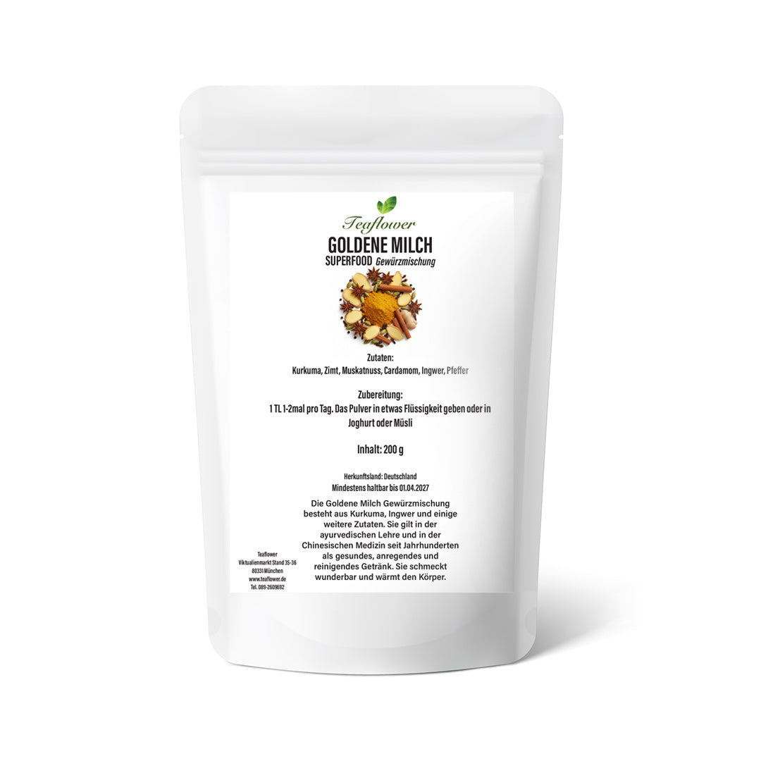 Goldene Milch Gewürzmischung aus Kurkuma, Ingwer, Zimt, Kardamom und Pfeffer, fein vermahlen