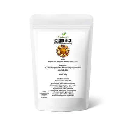 Goldene Milch Gewürzmischung aus Kurkuma, Ingwer, Zimt, Kardamom und Pfeffer, fein vermahlen