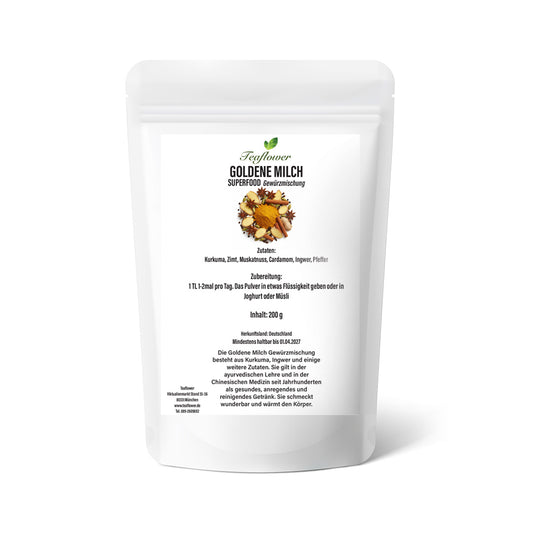 Goldene Milch Gewürzmischung aus Kurkuma, Ingwer, Zimt, Kardamom und Pfeffer, fein vermahlen