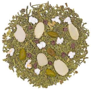 grüner tee matcha pistachio pop mit matcha, pistazien, schokoladenstücken und popreis in heller tasse