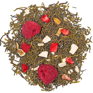 bio grüner tee ruanda mit orangenschalen, passionsfrucht, erdbeerstücken und himbeeren in hellem aufguss