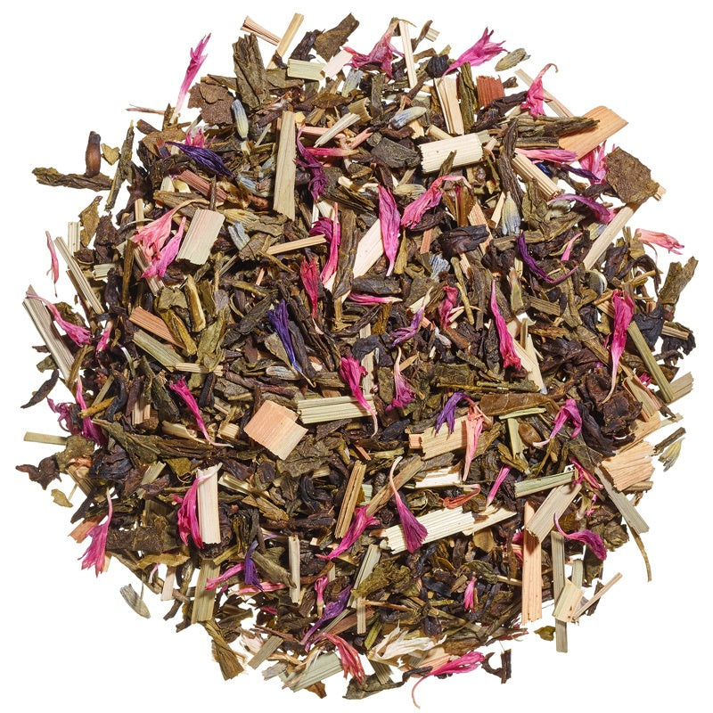 Aromatisierter gruener Tee Glueckszeit mit Maracuja Mango und Lavendelgeschmack fruchtiger Tee mit tropischer Note