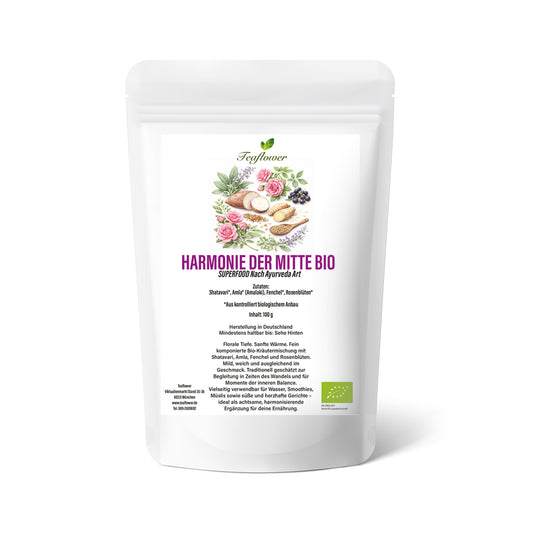 Bio Kräutermischung mit Shatavari, Amla, Fenchel und Rosenblüten in ausgewogener Komposition