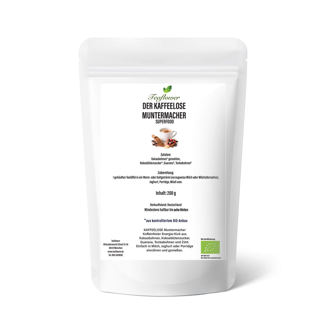 Bio Kaffeeloser Muntermacher aus Kakaobohnen mit Kokosblütenzucker, Guarana, Tonkabohne und Zimt, fein vermahlen