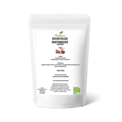 Bio Kaffeeloser Muntermacher aus Kakaobohnen mit Kokosblütenzucker, Guarana, Tonkabohne und Zimt, fein vermahlen