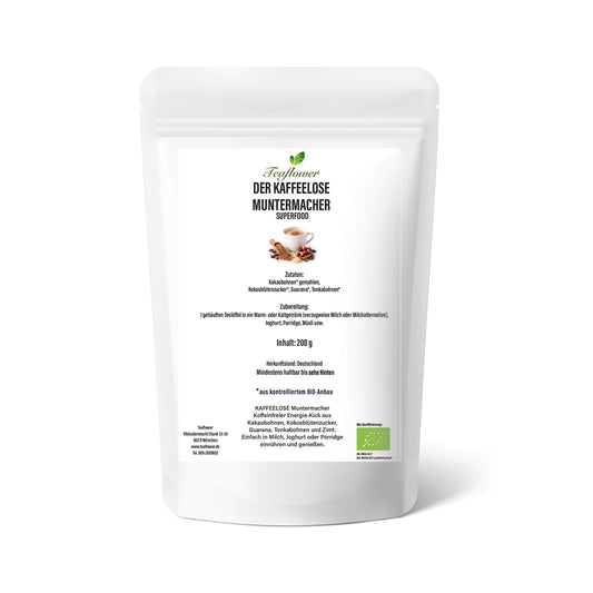 Bio Kaffeeloser Muntermacher aus Kakaobohnen mit Kokosblütenzucker, Guarana, Tonkabohne und Zimt, fein vermahlen