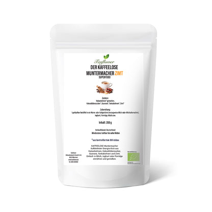 Bio Kaffeeloser Muntermacher Zimt aus Kakaobohnen mit Kokosblütenzucker, Guarana, Tonkabohne und Zimt, fein vermahlen.