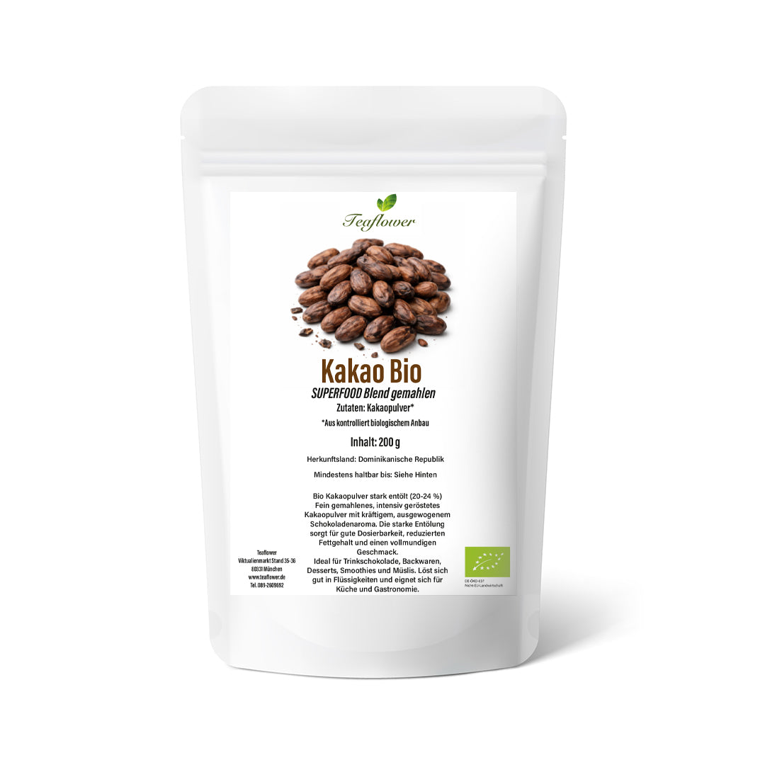 Entölter Kakao 20–24 % Fettgehalt, sehr fein gemahlenes braunes Kakaopulver in homogener Struktur