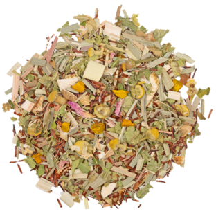 bio kräutertee herba balance mit rooibos, lemongras, zitronenverbene und gewürzen in warmer tasse