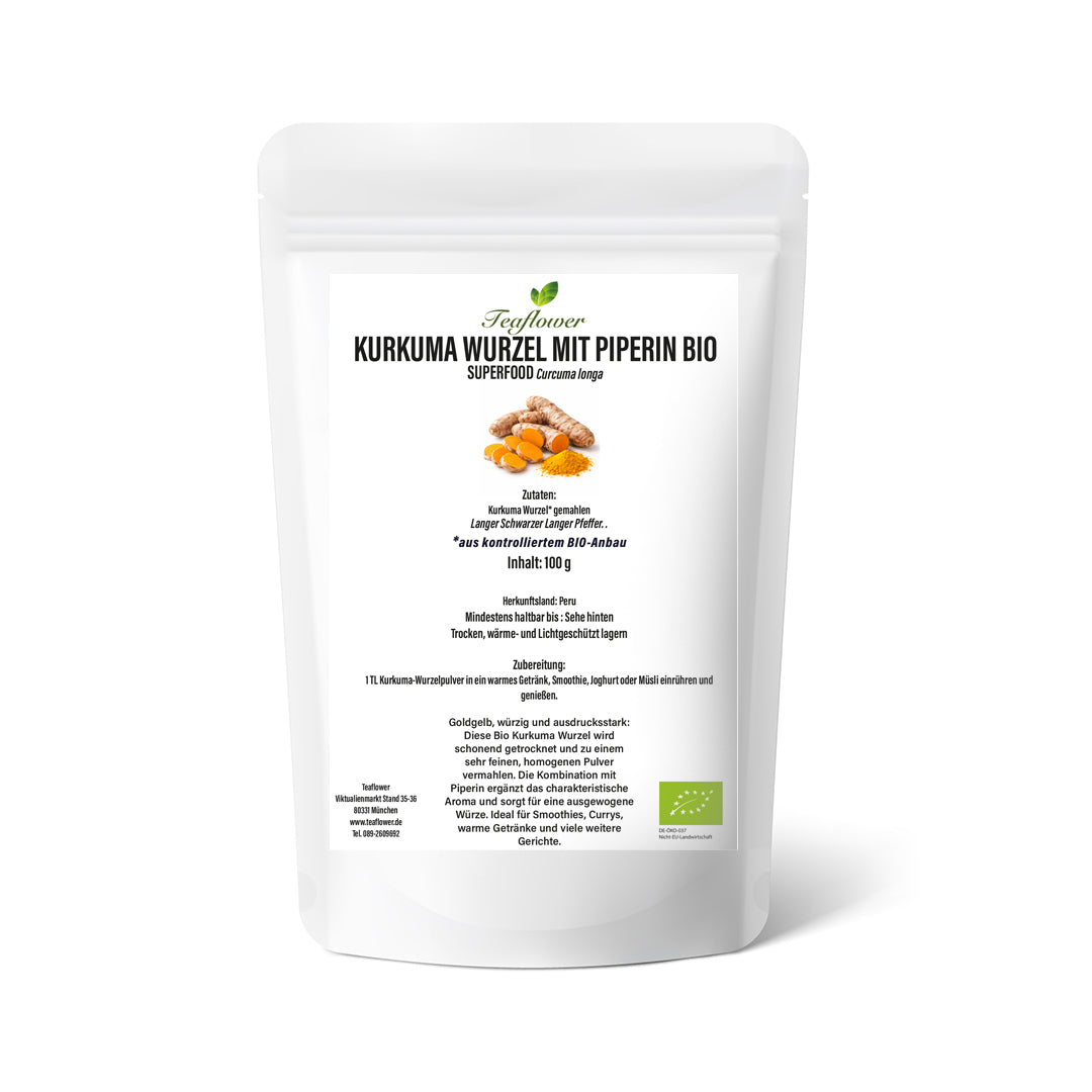 Bio Kurkuma Pulver aus gemahlener Kurkuma Wurzel mit Piperin fuer Currys Smoothies und warme Getraenke