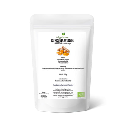 Bio Kurkuma Wurzel Pulver aus Peru, fein gemahlen mit 4–6 % Curcumin und intensiv goldener Farbe