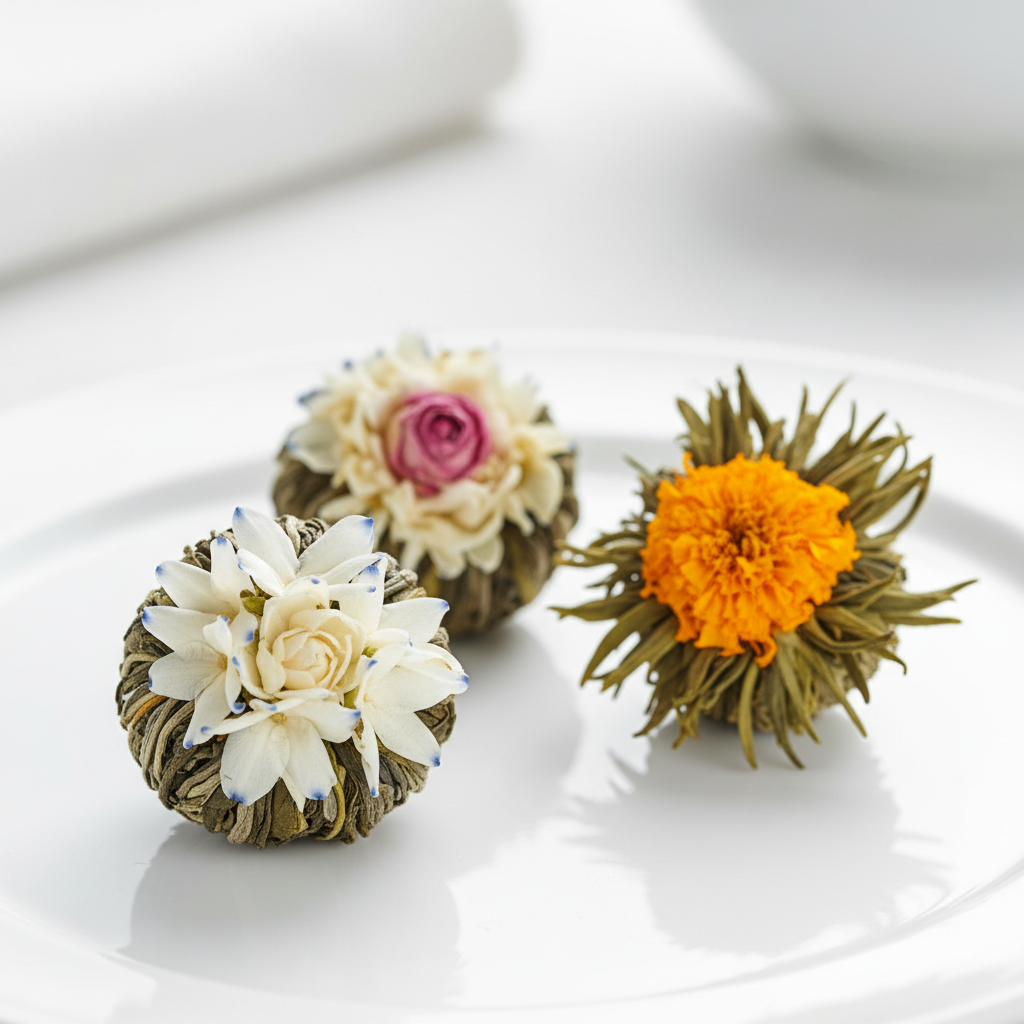 Mach mir ein Produkt Bild aus dieser Beschreibung: Grüner Tee Jasmin - Wunderschöne Teerosen

Mache deine Genussmomente mit unserer Teerosen Mischung zu etwas ganz besonderem und erlebe Chinesische Teekunst.

Inhalt:&nbsp;

1 x Blue Jasmin - Ein wahrer Hingucker! Blumig frischer Jasmine-Duft, eine Jasmine-Blüte im bläulich verfärbten Wasser.

1 x Rose &amp; Jasmin- Eine handgebundene Spezialität aus feinem Tee und einer Rosenknospe in der Mitte überspannt mit Jasminblüten.

1 x Marigold (Ringelblume) 