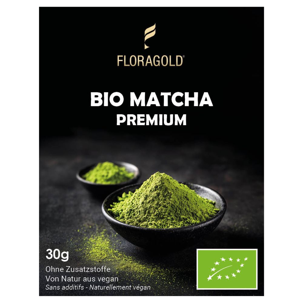 Fein gemahlener Bio-Matcha Premium mit leuchtend grüner Farbe und cremigem Charakter