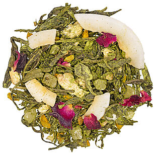 Grüntee mit Matcha, Kurkuma, Ananas, Kokos, Ingwer und Rosenblüten mit tropisch-würzigem Charakter.