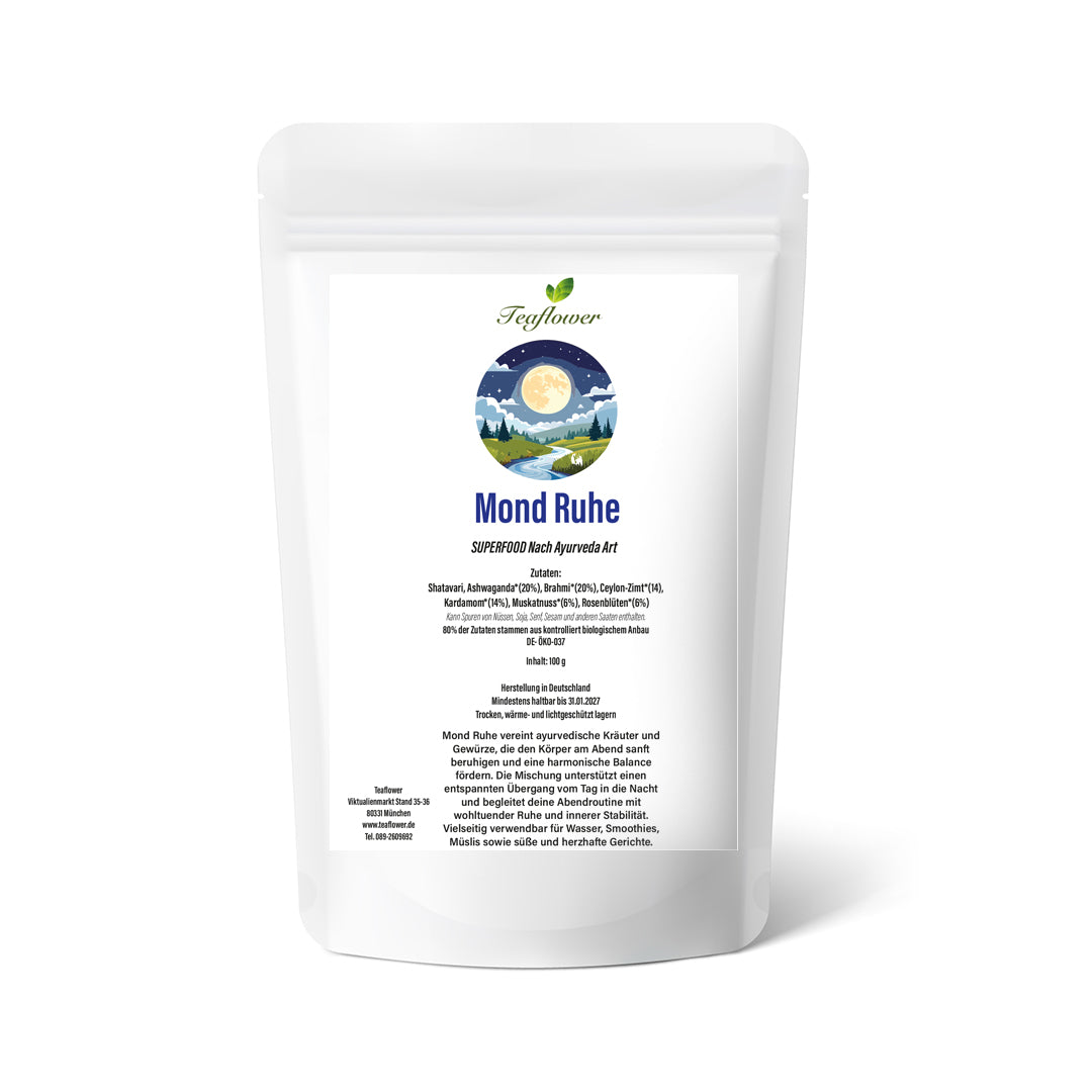 Bio Kräuter- und Gewürzmischung Mond Ruhe mit Ashwagandha, Brahmi, Rosenblüten und Ceylon-Zimt, fein vermahlen-1