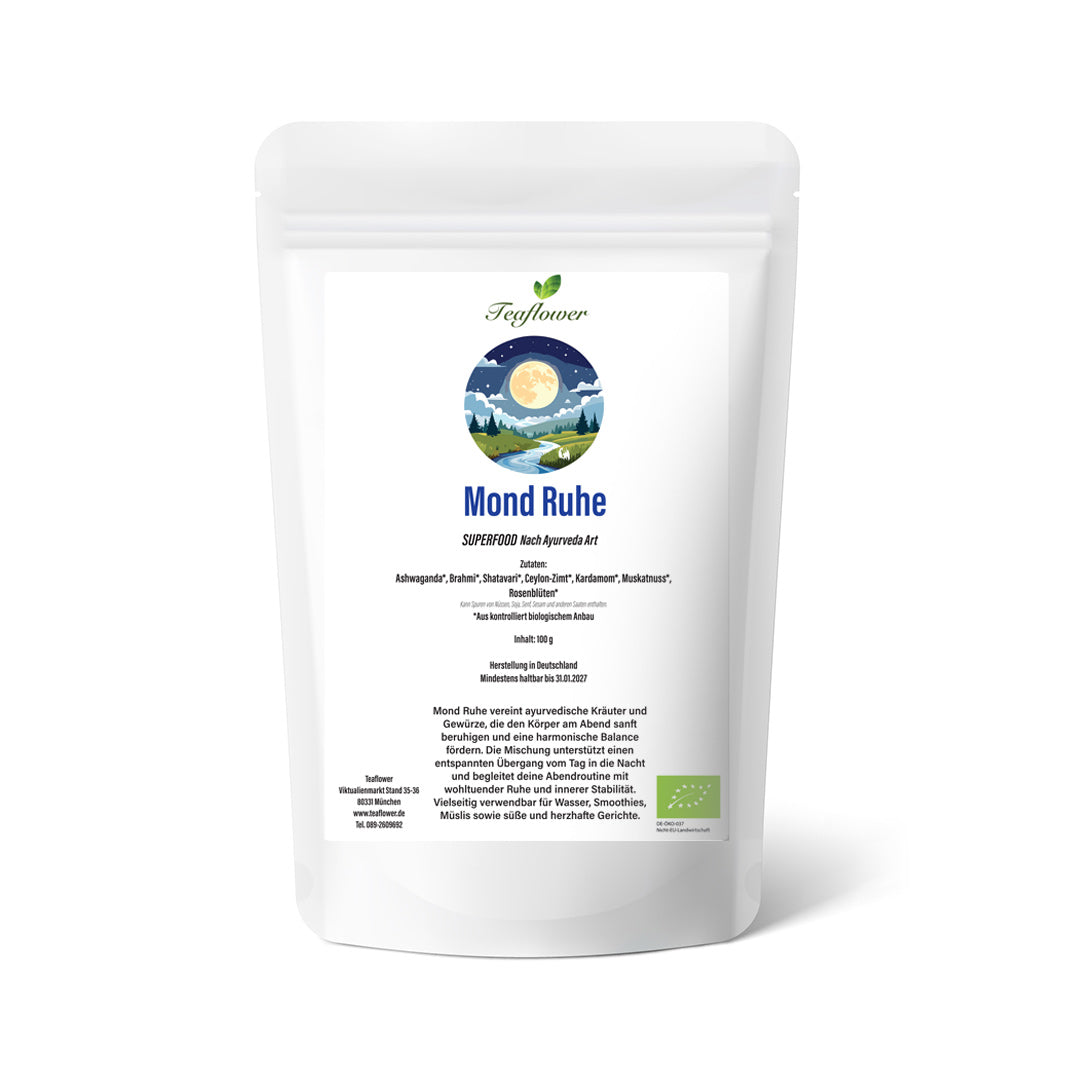 Bio Kräuter- und Gewürzmischung Mond Ruhe mit Ashwagandha, Brahmi, Rosenblüten und Ceylon-Zimt, fein vermahlen