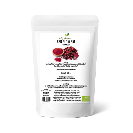 Red Glow BIO Superfood Mischung mit Roter Bete, Aronia, Hagebutte, Hibiskus, Acerola und Baobab